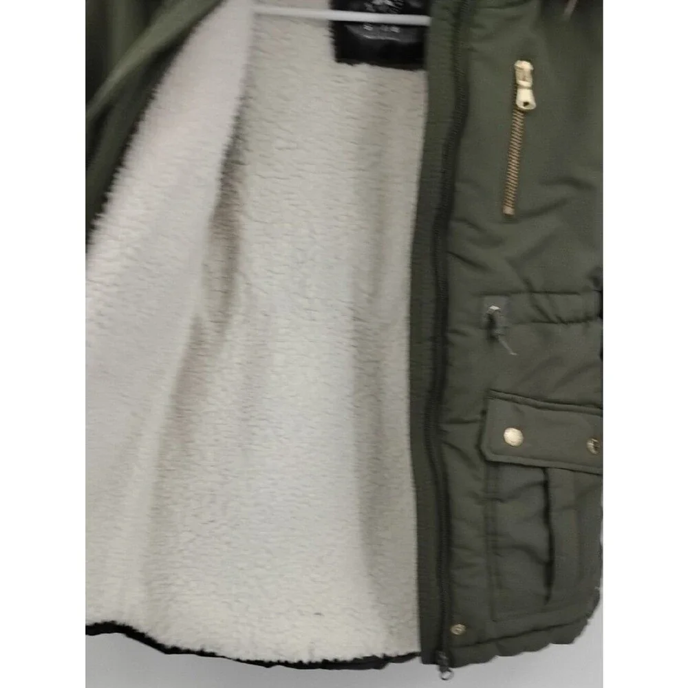 Justice Olive Green Fur Hood Sherpa Long Winter Coat Jacket Label Detail S 7/8